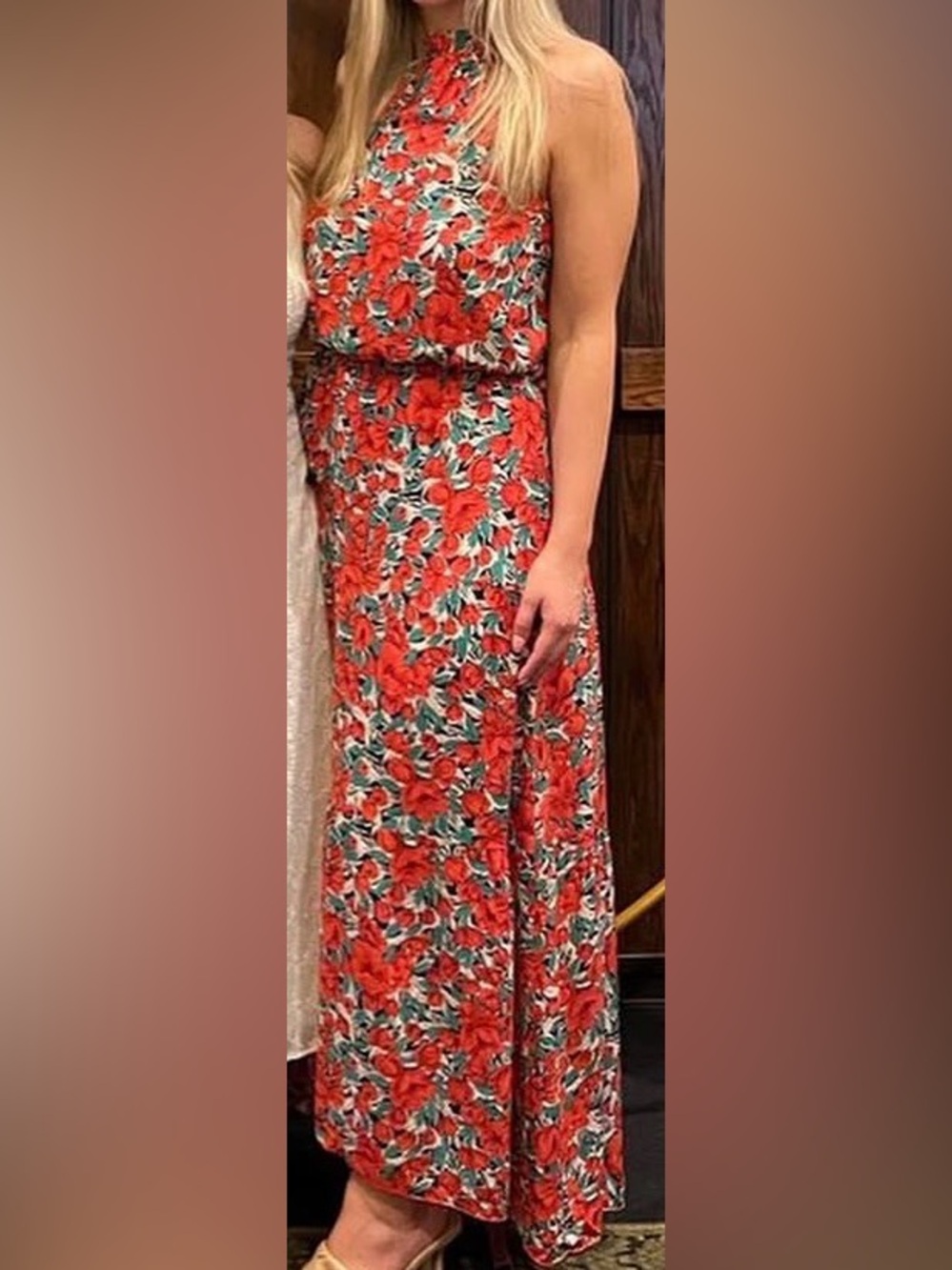 Floral Red Maxi Dress with Green Accents